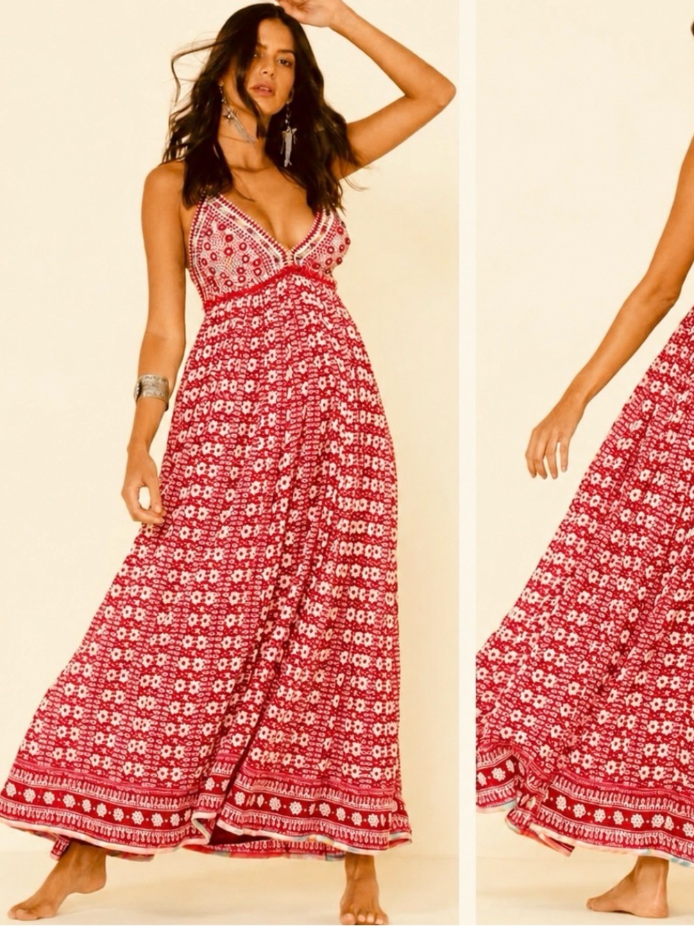 FREE PEOPLE Red White Beaded Embroidered Mirror Strappy Good Vibes Midi Maxi L